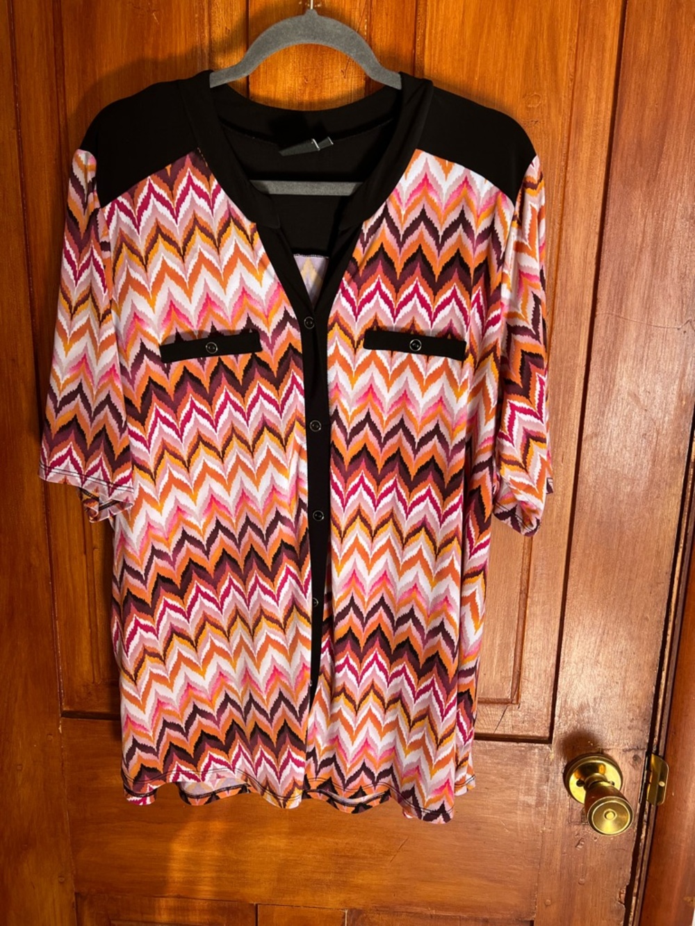 Button-Front Chevron Print Top in Pink & Orange with Black Trim